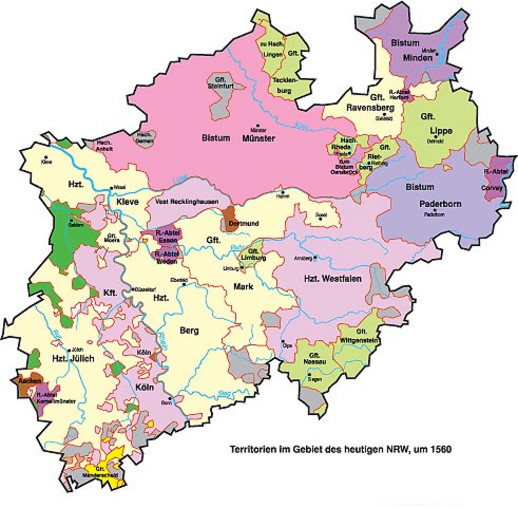 Karte „Territorien im Gebiet des heutigen NRW" um 1560 