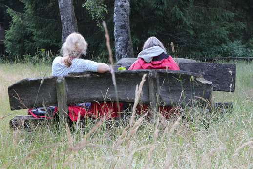 Entspannen in der Natur - auf einer Holzbank sitzen zwei Waldbesucherinnen