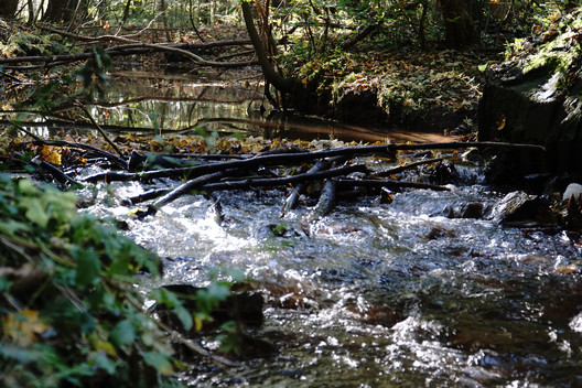 Deutlich rauscht das Wasser über die steinerne Sohlschwelle im Hache-Bach bei Neubruchhausen